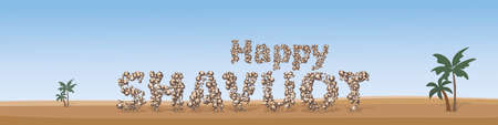 Jewish holiday of Shavuot, banner with inscription of stone on a background of desert landscape and palm treesのイラスト素材