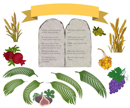 Tablets of stone with ten commandments and Seven species of the Holy Land on white backgroundの写真素材