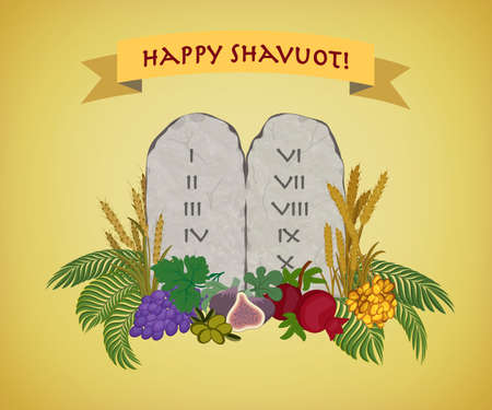 Jewish holiday of Shavuot, tablets of stone with ten commandments and Seven species of the Holy Landのイラスト素材