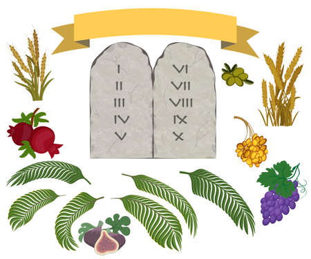 Tablets of stone with ten commandments and Seven species of the Holy Land on white backgroundの写真素材