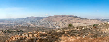 Panorama of Nablus (Shomron or Shechem), Mount Ebal and Mount Gerizimの写真素材