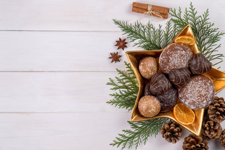Different types of gingerbread cookies on a white table with pine cones and branch, anise star and cinnamon sticks. Top view, copy space.の写真素材