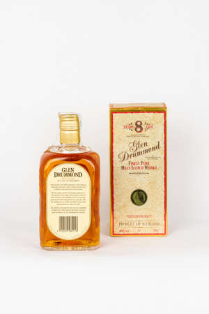 Palma, Mallorca, Spain - April 11 2019: Glen Drummond Scotch Whiskey bottle with the original box, seen from behind. Whiskey Collectionのeditorial素材