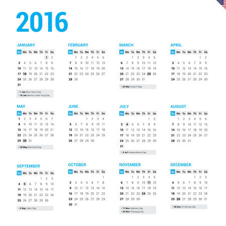 Calendar 2016 United States USA with Holidaysのイラスト素材