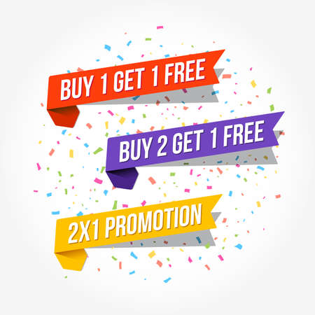 Buy 1 Get 1 Free, Buy 2 Get 1 Free & 2X1 Promotion Tagsのイラスト素材