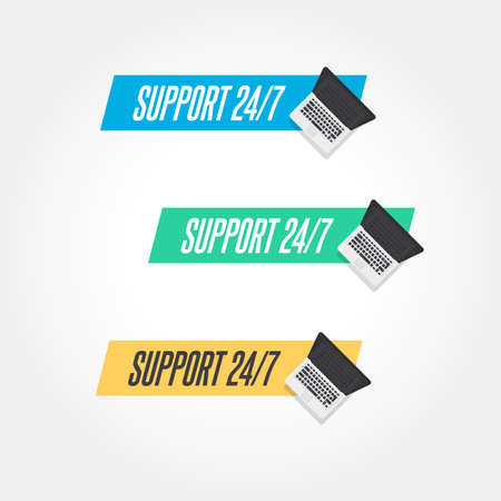 Support 24/7 Hot Line Laptop Computer Icon Vector Label Setのイラスト素材