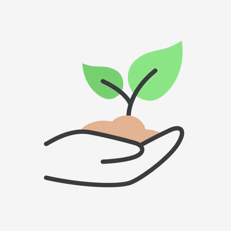 Hand Holding Young Sprout Energy Green Outline Flat Vector Iconのイラスト素材