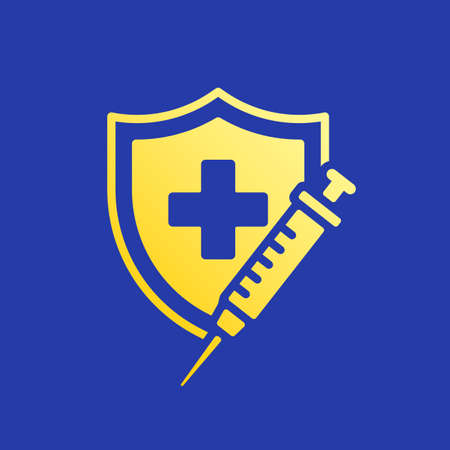 Medical Syringe Shield Protection Flat Vector Icon On Blue Backgroundのイラスト素材