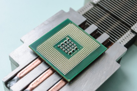 Close-up server processor, heat sink mounted on passive cooling.