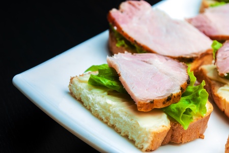 Closeup of delicious ham and salad canapes sandwiches lying on a white plate.の写真素材