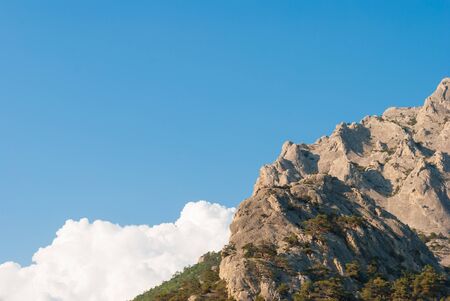Mountain against the sky with trees on the slopeの写真素材