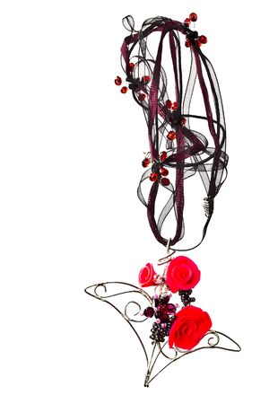 Unique handmade wire-work pendant with pink polimer clay rosesの写真素材