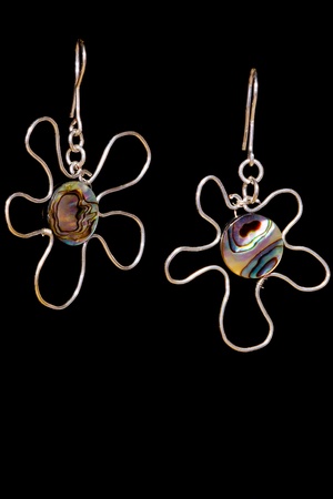 Beautiful unique handmade wire-work  silver nacreous earringsの写真素材