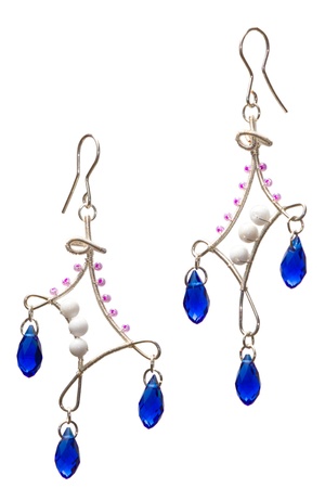 Unique handmade wire-work earrings with blue drops and violet beadsの写真素材