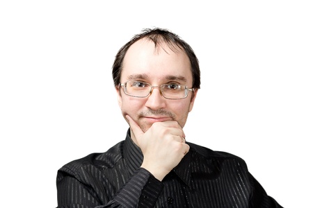 Solid successful men in black shirt isolated on whiteの写真素材