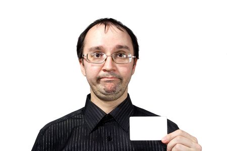  Confused surprised men with businesscard isolated on whiteの写真素材