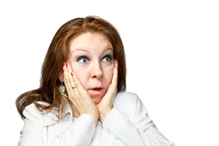 Emotional stress and depression of young women isolated on whiteの写真素材