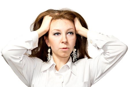 Emotional stress and depression of young women isolated on whiteの写真素材