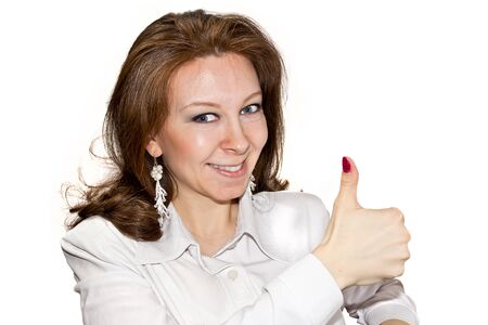 Young energy businesswomen with finger up isolated on whiteの写真素材