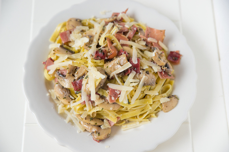 Pasta with bacon and mushroomsの写真素材