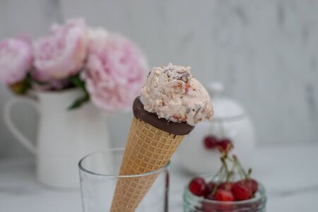 Sweet home made chocolate cherry ice creamの写真素材
