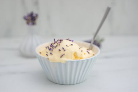 Sweet home made vanilla lavender ice creamの写真素材