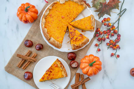 Slice of pumpkin pie on plate with pumpkinsの写真素材