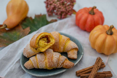 Sweet home made pumpkin crescent rollsの写真素材