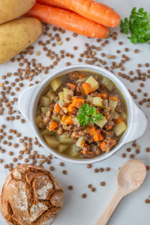 A bowl of lentil soup a delicious and common dishの写真素材