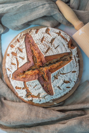 Fresh crispy homemade bread with whole grain flour