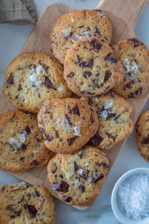 Cozy warm chocolate chip cookies freshly bakedの写真素材