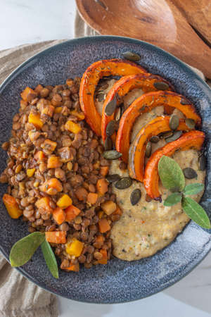 Traditional polenta with hokkaido pumpkinの写真素材