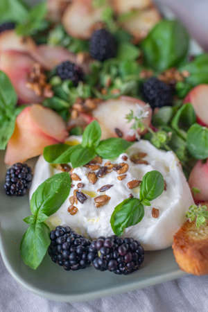 Peach, blueberry salad with vegetables, feta cheeseの写真素材