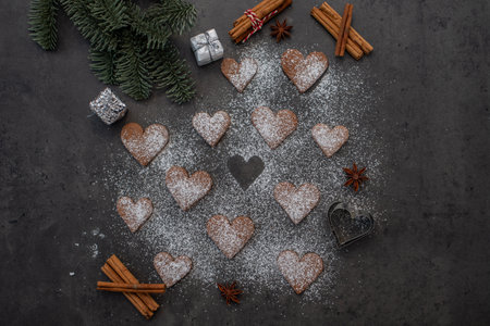 Home made german gingerbread christmas cookies, heart shapedの写真素材