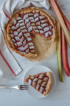 Traditional French rhubarb tart cakeの写真素材