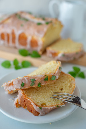 home made sweet lemon pound cake with fresh mint