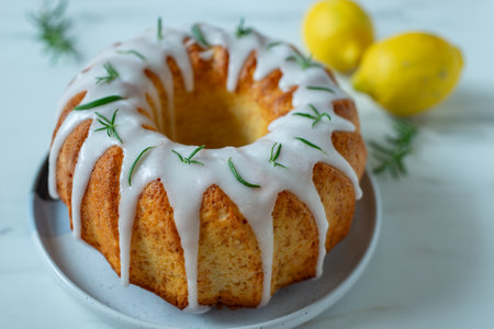 Lemon bundt cake drizzled with powdered sugar glaze on a table