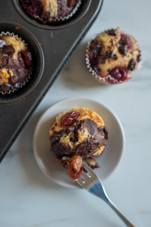 chocolate cherry muffinsの写真素材