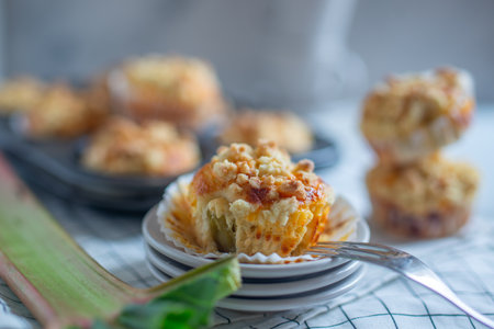 Homemade sweet muffins with rhubarbの写真素材