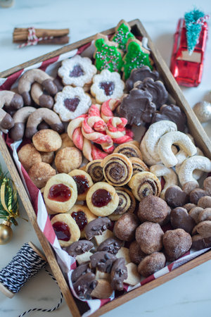 Christmas homemade gingerbread cookies on wooden tableの写真素材