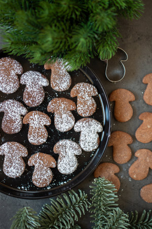Homemade gingerbread cookies on wooden table