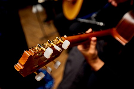 Hand Playing on Neck of Guitar, detail, close-up dark backgroundの写真素材
