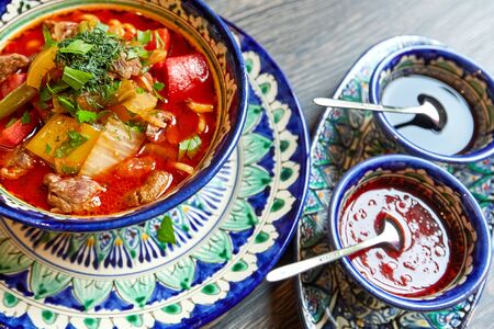 Soup with vegetables and meat two sauces in a colored bowlの写真素材