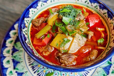 Soup with vegetables and meat in a colored bowlの写真素材