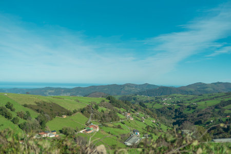 Views of the mountain at the top of it, view of villages and riversの写真素材