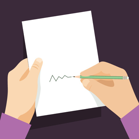 Man signs document  handle puts his signature cartoon flat design style. Vector design templateのイラスト素材