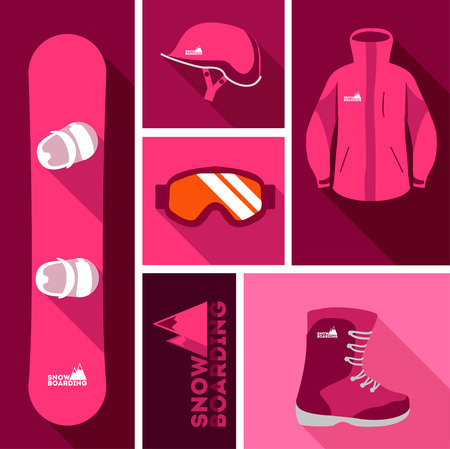 Sports background with snowboard equipment flat icons. Helmet, goggles, jacket, snowboard, boots  のイラスト素材