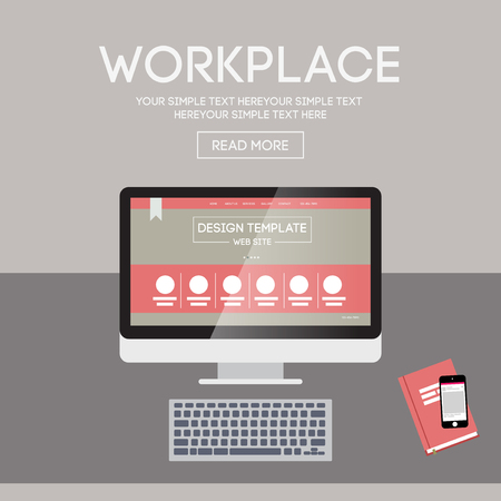 Vector llustration workplace. Creative office workspace with computer. Flat minimalistic style. Flat design with long shadows.のイラスト素材