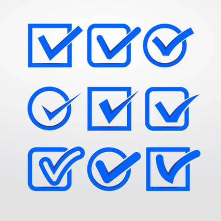 Set of nine different blue and white vector check marks or ticks in boxes conceptual of confirmation acceptance positive passed voting agreement true or completion of tasks on a listのイラスト素材