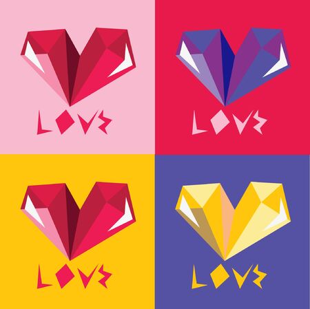 Four color options postcards with a picture of a heart that says love on Valentine\'s day  のイラスト素材